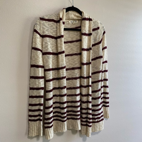 Pink Rose Long Beige Knit Cardigan Burgundy Stripes Size Medium - Picture 3 of 5